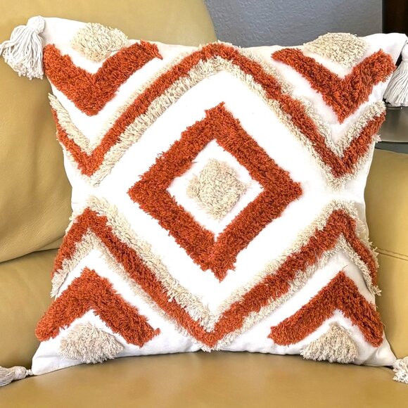 2 Sizes Burnt Orange Beige Boho Tufted Geometric Tassels Throw Pillow Cover New - Picture 4 of 9